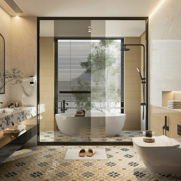 Modern Badezimmer mit freistehender Badewanne und eleganter Einrichtung.